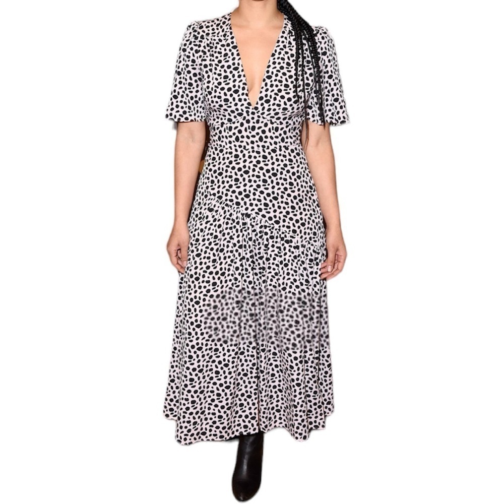 Topshop V neck angel sleeves asymmetrical‎ tiered spots print midi dress Sz 6